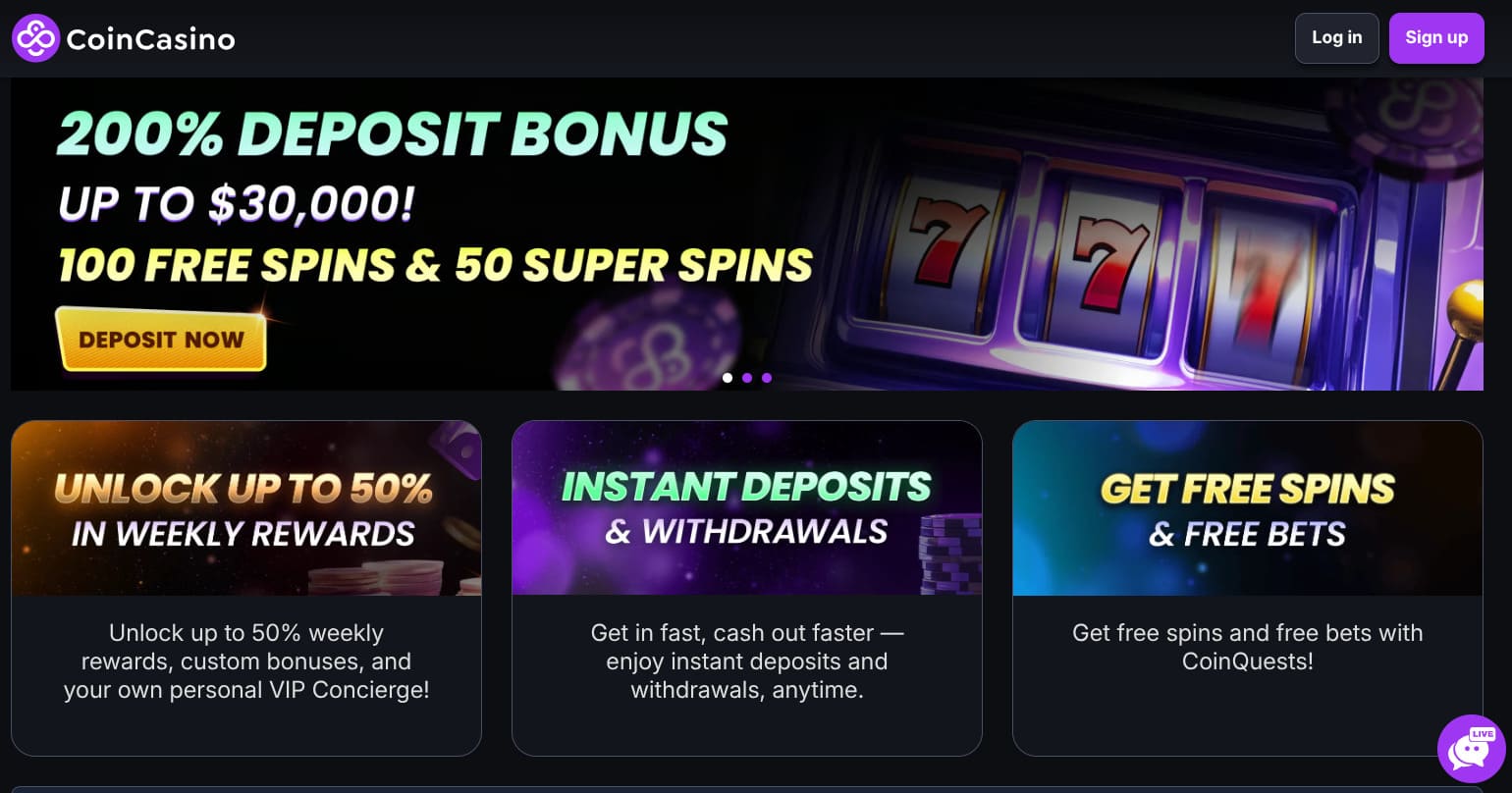 Image showing coincasino current deals on the homepage