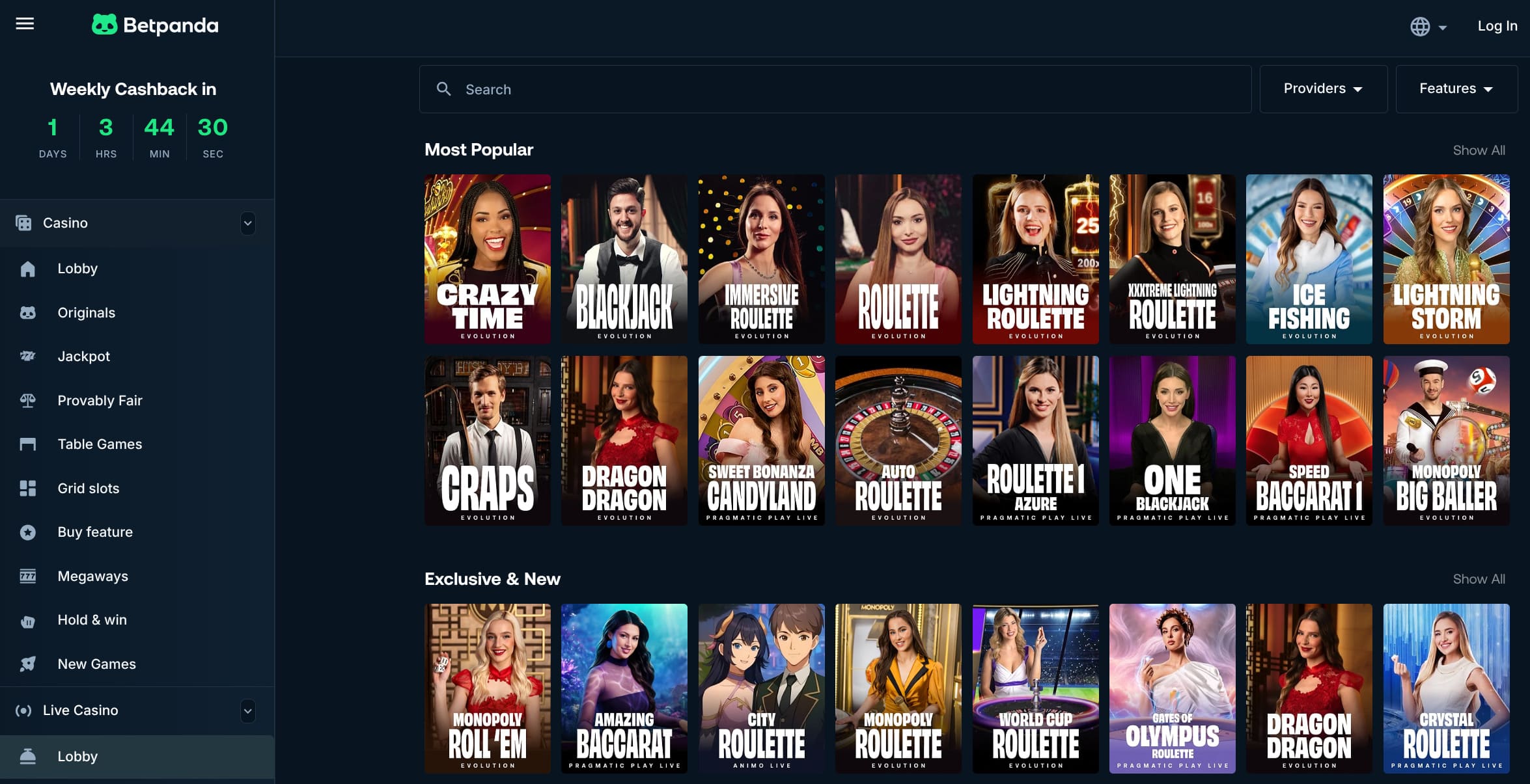 An image showing betpanda casino live games selection